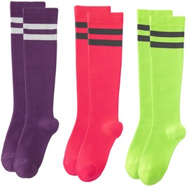 Dress Cici Cotton Compression Socks with Thick Stripes Around Top Band, Athletic Sports Knee High Long Socks for Women (3 Pack: Dark Purple+Fluorescent Green+Rose Red)