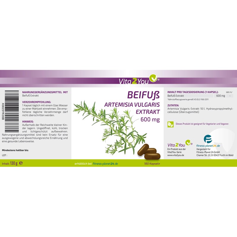 Vita2You Mugwort Extract, 180 Capsules, Artemisia Vulgaris, 10:1 Extract, 6000