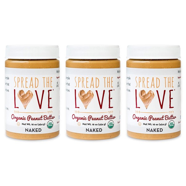 Spread The Love NAKED Organic Peanut Butter, 16 Ounce (Organic, All Natural, Vegan, Gluten-free, Creamy, Dry-Roasted, No added salt, No added sugar, No palm oil) (3-Pack)
