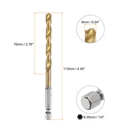 HARFINGTON 1/4" Hex Shank Twist Drill Bits 6mm Titanium Coated High Speed Steel Quick Change Hex Drilling Bit Jobber Drill Bits for Wood Plastic Metal, Gold