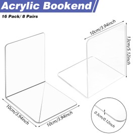 16 Pcs Bookends Clear Acrylic Bookends for Shelves Heavy Duty L Shaped Dividers Bookshelf Dividers for School Library Home Movies CDs File