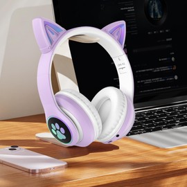 auvstar Cat Ear Kids Headphones Wireless for Children Girls, LED Light Up Foldable Kids Bluetooth Headphones with Microphone, Bluetooth 5.4&Stereo Sound, for School/Tablet/Birthday (Purple)
