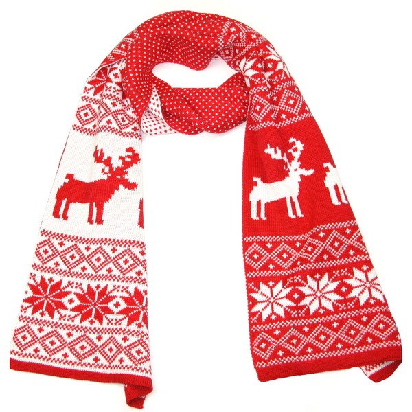 LOVARZI Red Christmas Scarf Women and Men - Xmas Scarfs with Fairisle, Snowflake and Reindeer Design - Warm Long Knitted Winter Scarves for Gents and Ladies - Gift For Him or Her This Christmas
