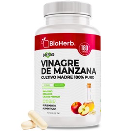 BioHerb  Vinagre de Manzana Organico Cultivo Madre Concentrado 100 Puro (180 Capsulas de 500mg) [Extremadamente Eficaz] Alta Concentracion  Rapida... 