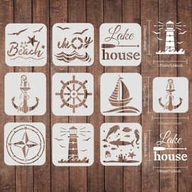 FINGERINSPIRE Pack of 9 Compass Stencils 15 x 15 cm Plastic Nautical Theme Painting Stencil Sea Life Stencil Anchor Beach Sailing Boat Lighthouse Pattern Stencils for Painting on Wood, Floor, Wall