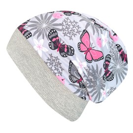 Wollhuhn Eco Warm Cuddly Winter Boys / Girls Winter Beanie Hat with Fleece Lining Various Designs (Made of Eco Fabrics, Organic) 20220666 (Butterflies Grey/Pink, M), Butterflies grey-pink
