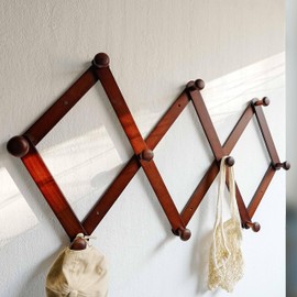 Dseap Expandable Coat Rack (Larger Version) - 24” High, Anti-Slip, Ultra Heavy Duty Wooden Accordian Wall Hanger with 10 Study Peg Hooks for Clothing Hats Jackets Bags, Cherry Red