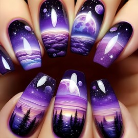 24Pcs Press on Nails Medium Coffin French Tip with Purple Forest Stars Design Acrylic Nails Fake Nails Thick Glossy Full Cover Glue on Nails Stick on Nails for Women Y447