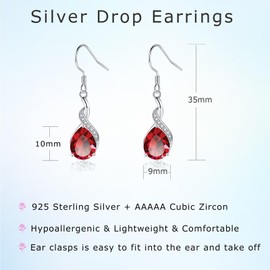Cangall Silver Drop Earrings for Women, 925 Sterling Silver Dangle Earrings with Red Cubic Zircon, Hypoallergenic Twisted Linear Silver Teardrop Dangly Earrings Jewelry Gift for Christmas Birthday