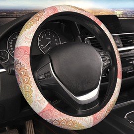 Mandala Lotus Steering Wheel Cover Universal 15 Inch Cute and Fashionable Car Accessories Protector for Women Men（Pink）