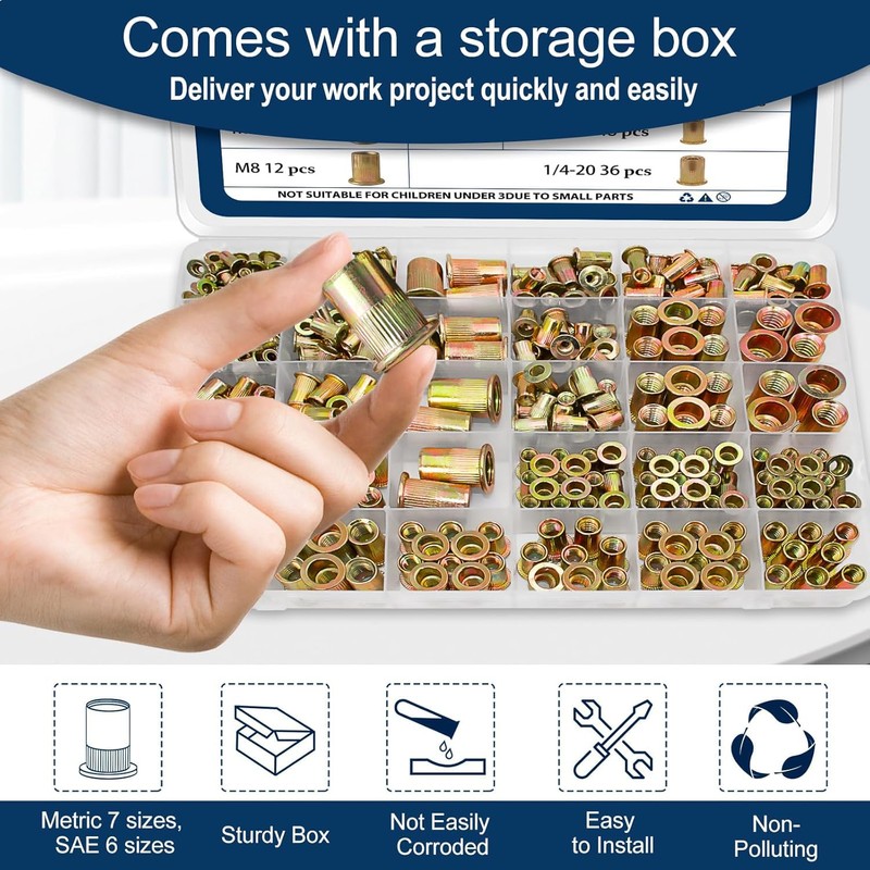 Vifmy Metric & SAE Rivet Nut Assortment Kit(420 Pcs),m3 m4