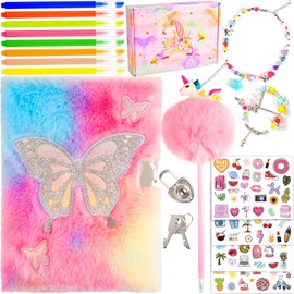 EABUY Diary for Girls with Lock and Keys, Journal School Travel Notebook Gift Set for Writing and Drawing,Multicolored Pen, Stickers, Birthday Gift for Girls (Pink-Butterfly)