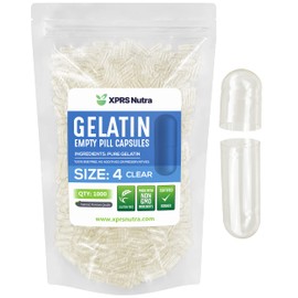 XPRS Nutra Size 4 Empty Capsules - 1000 Count Small Clear Empty Gelatin Capsules - Pills DIY Capsule Filling - Fillable Pure Bovine Pill Gel Caps for Do-It-Yourself Supplements