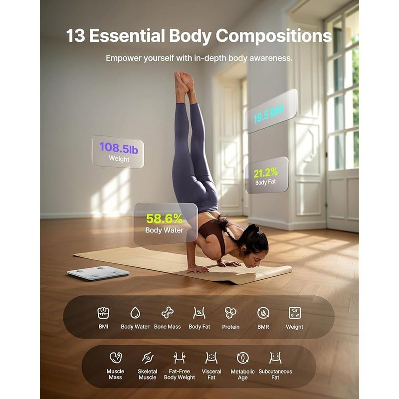 FITINDEX 체중을 위한 FITINDEX 스마트 체중계, BMI, 체지방, 근육량, [White]