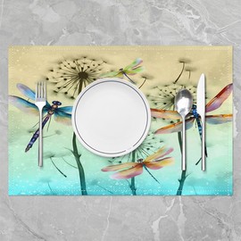 Feelyou Pretty Dragonfly Table Place Mats Boys Girls Dandelion Placemats Set of 4 for Kids Women Men Ultra Soft Teal Placemat for Kitchen Dining Table 18"x12" Nutrue Indoor Outdoor Decor Table Mats