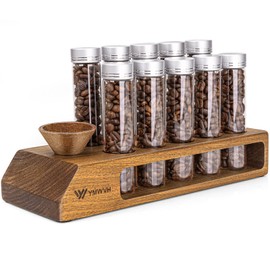 YMWVH Single Dose Coffee Bean Storage Tubes 12 Pcs Coffee Bean Cellar Container Dosing Glass Vials,2oz Glass Jars With Lids, 2 Layers Sapele Display Stand And Wooden Funnel(Large)