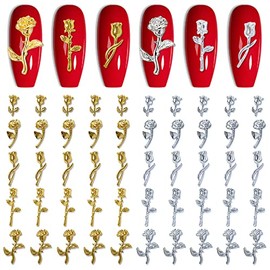 SILPECWEE 70pcs Rose Nail Charms 3D Charms for Nails Gold Silver Nail Flower Nail Jewels Nail Studs Nail Art Charms for Acrylic Nails Decoration DIY Nail Design Manicure Craft Jewelry Making