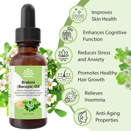 Pure Brahmi Oil Cold Pressed 4 oz – Natural Bacopa Hair Oil for Growth, Scalp Massage & Skin Glow – Unrefined Herbal Extract for Eyebrow, Lashes, Body, Face, Nail & Dry Hands – No Fillers, Vegan