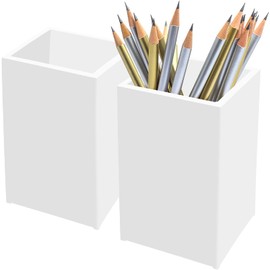 2 Pack Acrylic Pen Pot Acrylic Pen Pencil Holder Cup Desktop Stationery Makeup Brush Storage Organizer Candy Box for Desk Table, Office School Supplies 6.5 x 6.5 x 10 cm (White Color - 2 Pack)