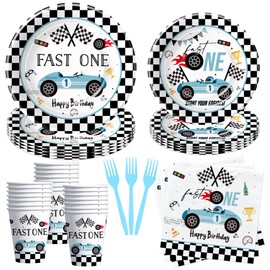 Suhelkit Race Car 1st Birthday Party Supplies - Fast One Birthday Plates And Napkins Decorations Boys Tableware, Plate, Cup, Napkin, Fork, Blue Race Car One-Year-Old Birthday Decorations | Serve 24