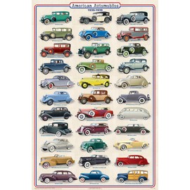 Feenixx American Automobiles 1930-1939 - Laminated - Educational Poster - 24.5" x 36.5"