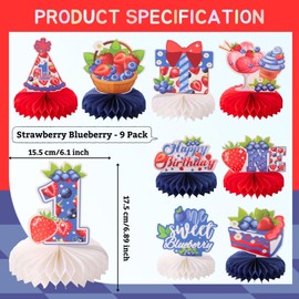 9pcs Berry 1st Birthday Honeycomb Centerpieces Sweet Berry Party Table Decorations Strawberry Blueberry Tabletop Centerpieces for Baby Shower One Birthday Table Topper Sign Decorations