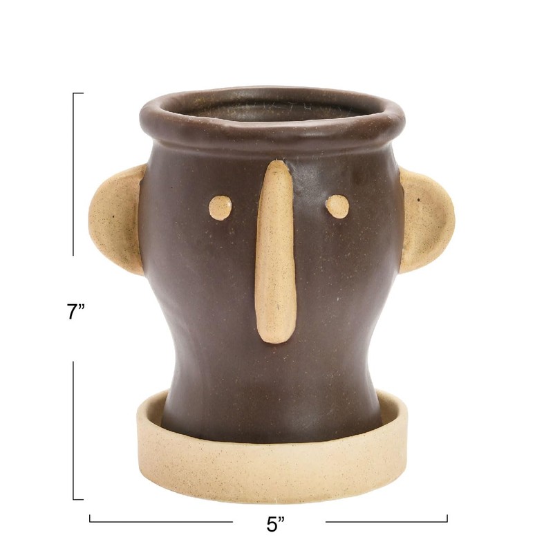 Creative Co-Op Stoneware Face Planter with Saucer, Brown & Cream