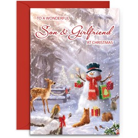 Son & Girlfriend Christmas Card - Forest Friends - Medium Sized Card (A5 Size -148mm x 210mm) with Envelope