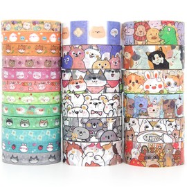 WAPETASHI Cute Washi Tape Set - 24 Rolls Kawaii Animals Gold Foli Decorative Masking Tape for Scrapbooking, Kids DIY Crafts, Art, Wrapping(Puppy&Cat), Aesthetic Supplies, Planners, Bullet Journal