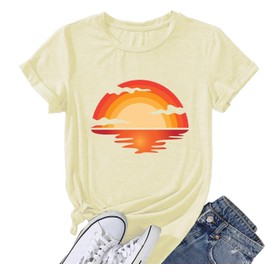 Summer Outdoor Loose Casual Sun Rays Beach Sunshine Sunrise Sunset Wave Vibes Chaser Hawaiian Tropical Family Vacation Retro Vintage Funny Cute Letter Print Graphic Tshirt for Women-L (Yellow)
