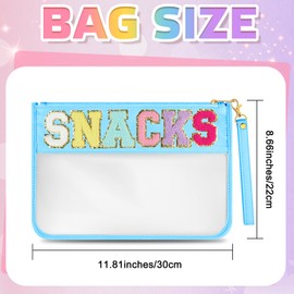 Morcheiong Chenille Letter Bag Cute Clear Zipper Stuff Pouch Portable Multi-purpose PVC and Nylon Makeup Bag with Handle for Travel Gym Beach（Cyan Snacks）