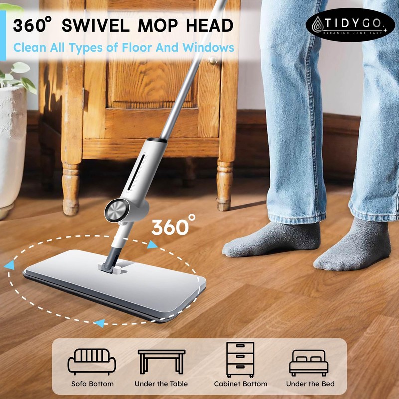 TIDYGO Spray Mop with Microfiber Cleaning Pads, Paddle Brush, 360°