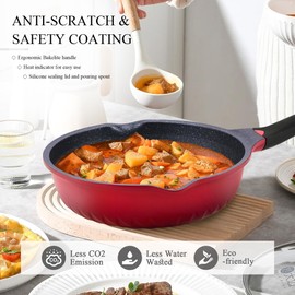 Vinchef Nonstick Skillet with Lid, 11In/5Qt Aluminum Deep Frying Pan with Lid and Heat Indicator, Anti Scratch and Anti Stain Deep Saute Pan, Induction Compatible