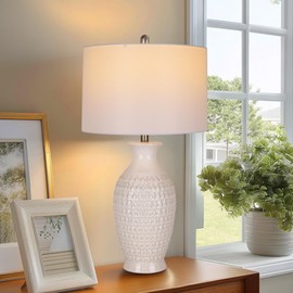QiMH Ceramic Table Lamp 28.5" Tall with Linen Shade, Modern Farmhouse Lamp for Living Room, Bedroom Nightstand - White Textured Pottery Home Lighting(Bulb Inclued)