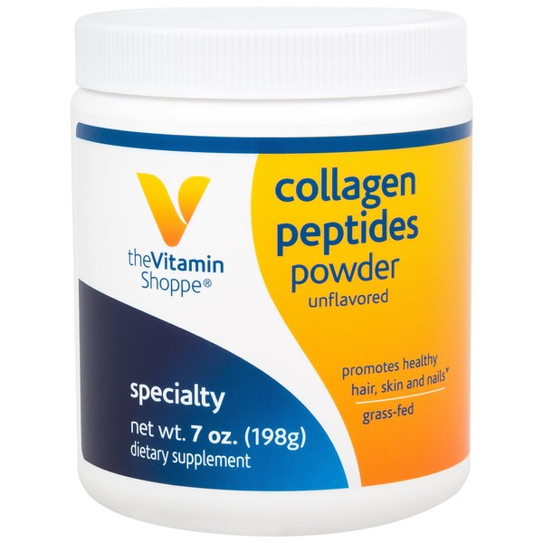 The Vitamin Shoppe Collagen Peptides Powder - Unflavored, Promotes Healthy Hair, Skin, Joint & Nails - from Grass Fed Bovine, Gluten Free Natural Peptide (7 Ounces Powder)