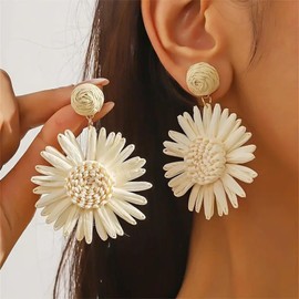 Handwoven Raffia Sunflower Earrings Boho Chic Dangle Jewelry for Summer OutfitsD Spring Earrings Beach Vacation Accessories 2025 Lightweight Women's Dressy Tropical Style