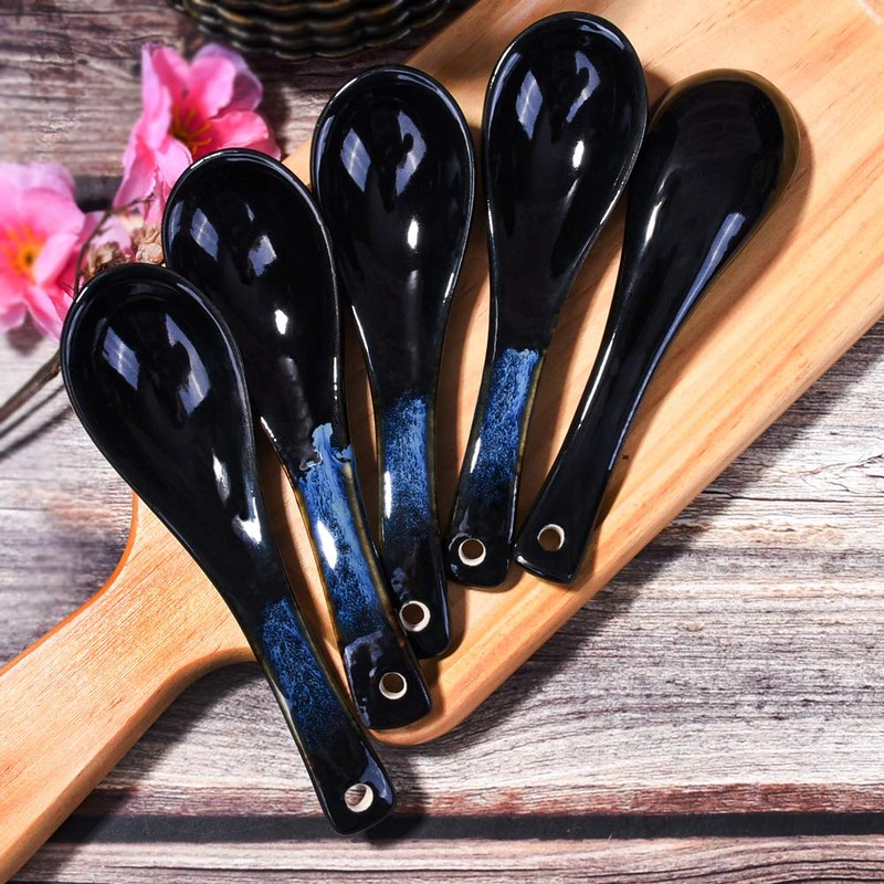 Japanese Soup Spoon set of 5, Blue and Black Vintage