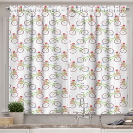 Ambesonne Geraniums - Cortinas de cocina, imagen de flores en cesta transportada con bicicleta en patrón repetitivo, juego de 2 paneles para decoración de cocina, café, 55 x 39 pulgadas, color blanco y beige