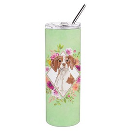 Caroline's Treasures CK4414TBL20 Brittany Spaniel Green Flowers Stainless Steel 20 oz Skinny Tumbler Vacuum Double Walled Reusable Insulated Tumbler Travel Cup for Coffee Cocktails Gift with Lid, 20 o