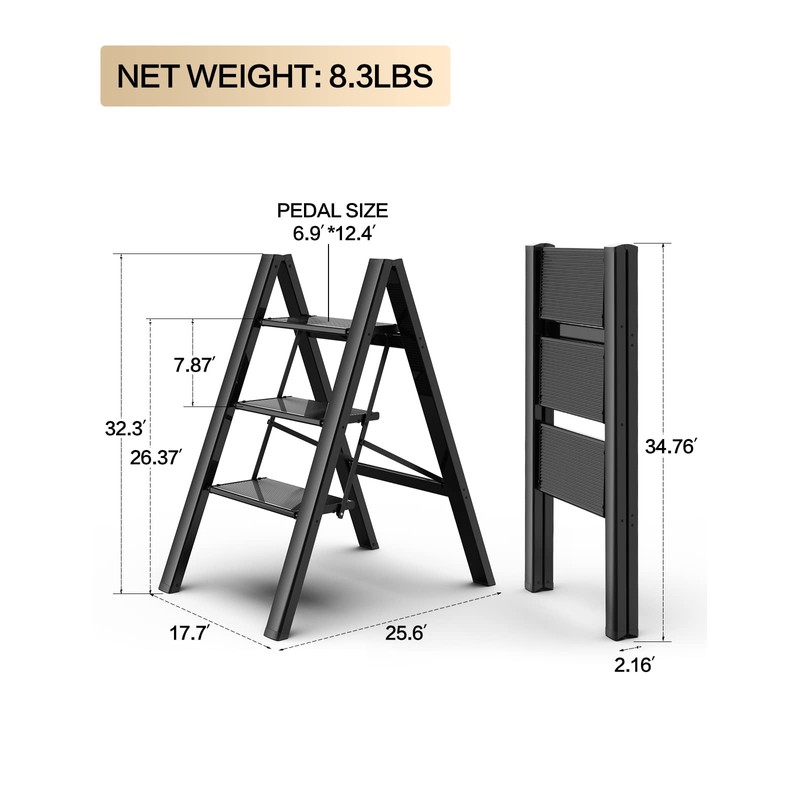 GameGem 3 Step Ladder, Aluminum Folding Step Stool with Anti-Slip