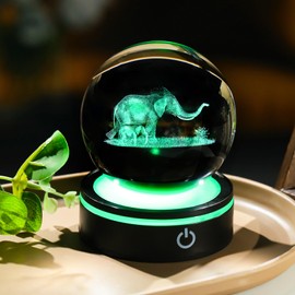 YWHL 3D Elephant Crystal Ball Figurine with Colorful Light Base, Elephant Gifts for Mom Women Men Elephants Lovers, Decorative Elephants Ball Glass Animal Globe Night Light for Home Decor (80mm)