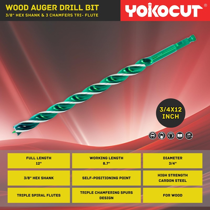 3/4"x 12" Auger Drill Bit for Wood, Hex Shank Tri-Flute