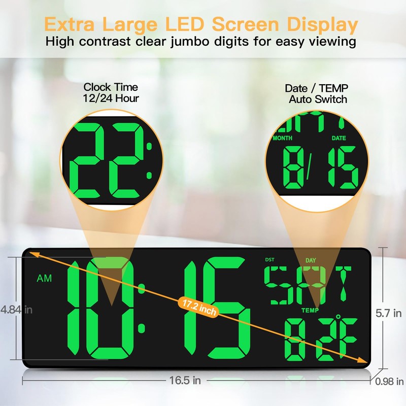 XREXS Large Digital Wall Clock with Remote Control, 16.5 Inch