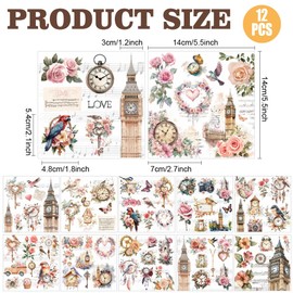 AHANDMAKER 12 Sheets Clock Tower & Bird Transfer Stickers, Vintage Flower & Bird Rub on Transfers, Clock Decals for Crafts, Glass, Wood, Furniture DIY Home Decor, 5.5x5.5