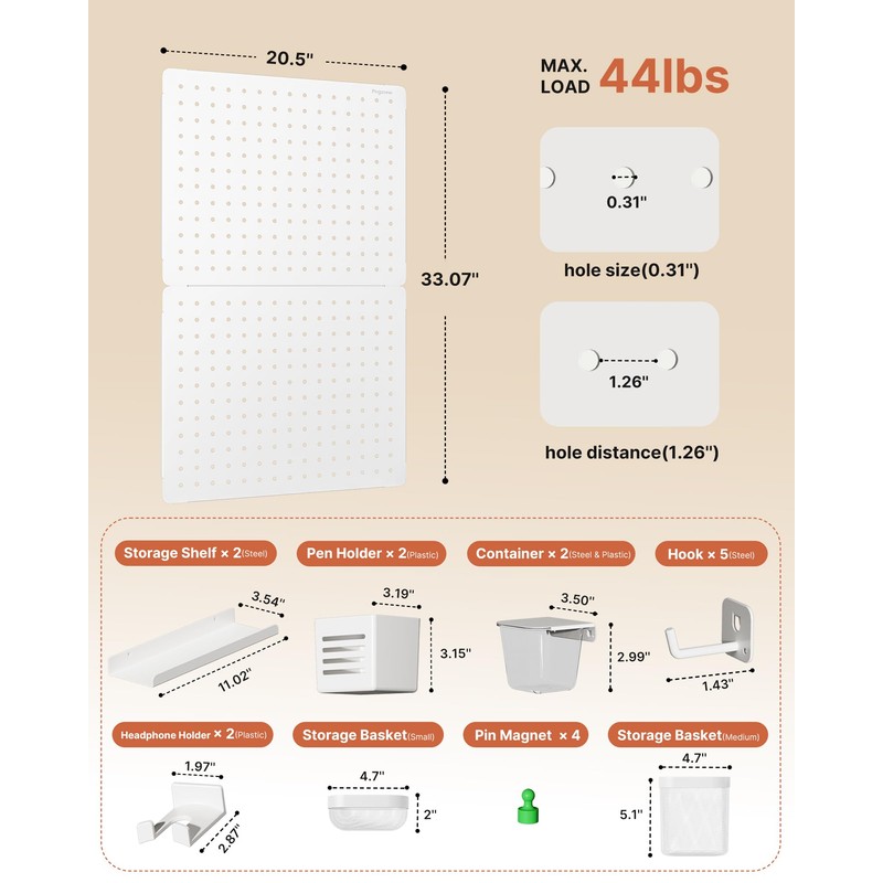 PEGZONE Pegboard Wall Organizer Combination Kit,Overall 33.1"x20.5" Metal Office Pegboard