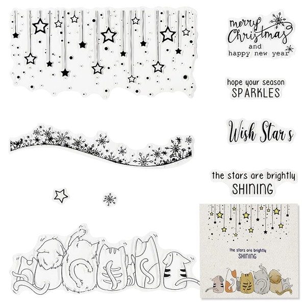 Happy New Year Christmas Clear Stamps, Five Cat Star Snowflake Greeting Sentiments Words Clear Rubber Stamps for Card Making Christmas Decoration and DIY Scrapbooking
