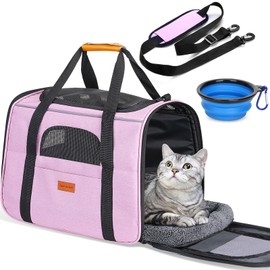 Morpilot Portable Cat Carrier - Soft Sided Cat Carrier for Medium Cats and Puppy up to 15lbs, Pet Carrier with Locking Safety Zippers, Foldable Bowl, Airline Approved Travel Dog Carrier - Pink
