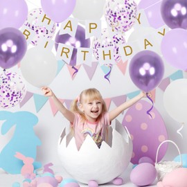 Happy Birthday Banner, Purple Birthday Decoration, 16 Pcs 12in Happy Birthday Balloons with 2 Ribbons for Men Women Girls and Boys Birthday Party Decoration