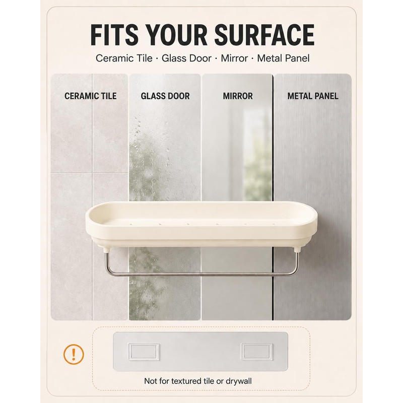 Adhesive Shower Caddy 2-Pack, Shower Shelves with Towel Bar, Cream