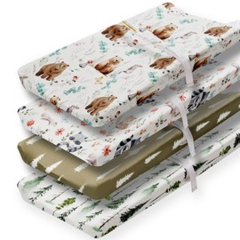 FIGEPO 4 Pack Forest Animals Neutral Changing Pad Covers Woodland Unisex Fitted Baby Breathable Changing Pad Sheets Set for Toddlers Baby Boys or Girls (Bear)